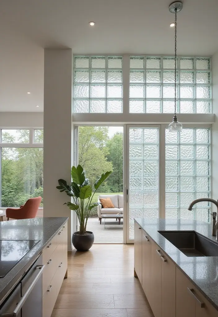 28 Kitchen and Living Room Partition Ideas That Define Space Beautifully - 26. Glass Block Partitions