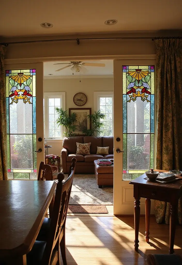 28 Kitchen and Living Room Partition Ideas That Define Space Beautifully - 27. Unique Stained Glass Dividers