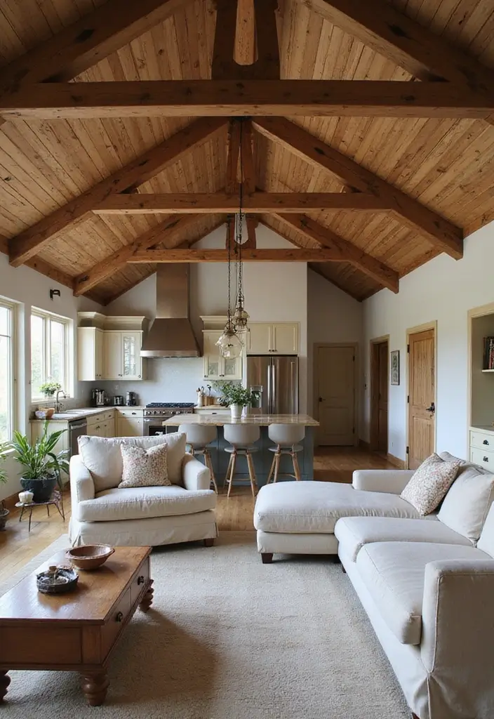 28 Kitchen and Living Room Partition Ideas That Define Space Beautifully - 3. Rustic Wood Beams