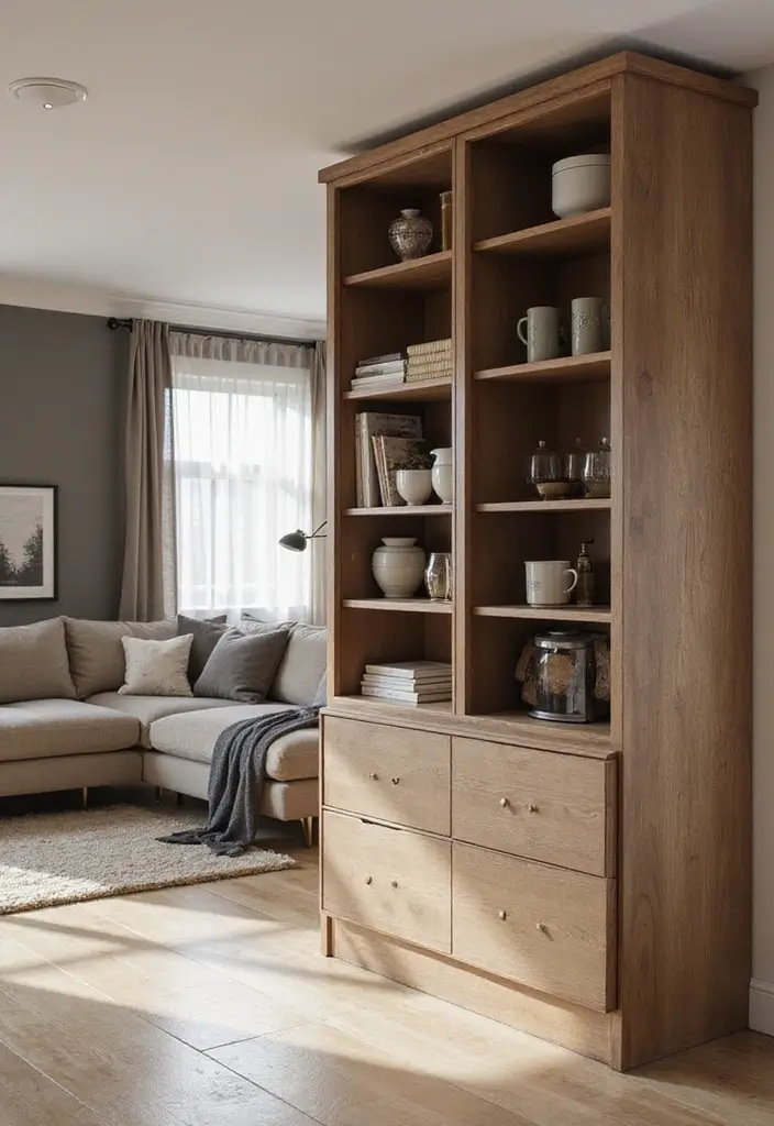 28 Kitchen and Living Room Partition Ideas That Define Space Beautifully - 8. Creative Built-in Units