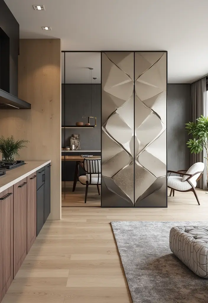 28 Kitchen and Living Room Partition Ideas That Define Space Beautifully - 9. Geometric Panel Dividers