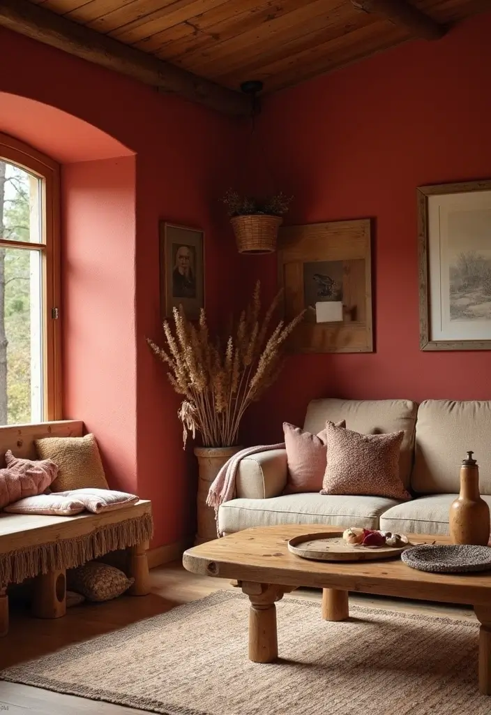 28 Living Room Color Scheme Ideas: Cozy and Inviting Styles - 11. Rustic Red and Natural Wood