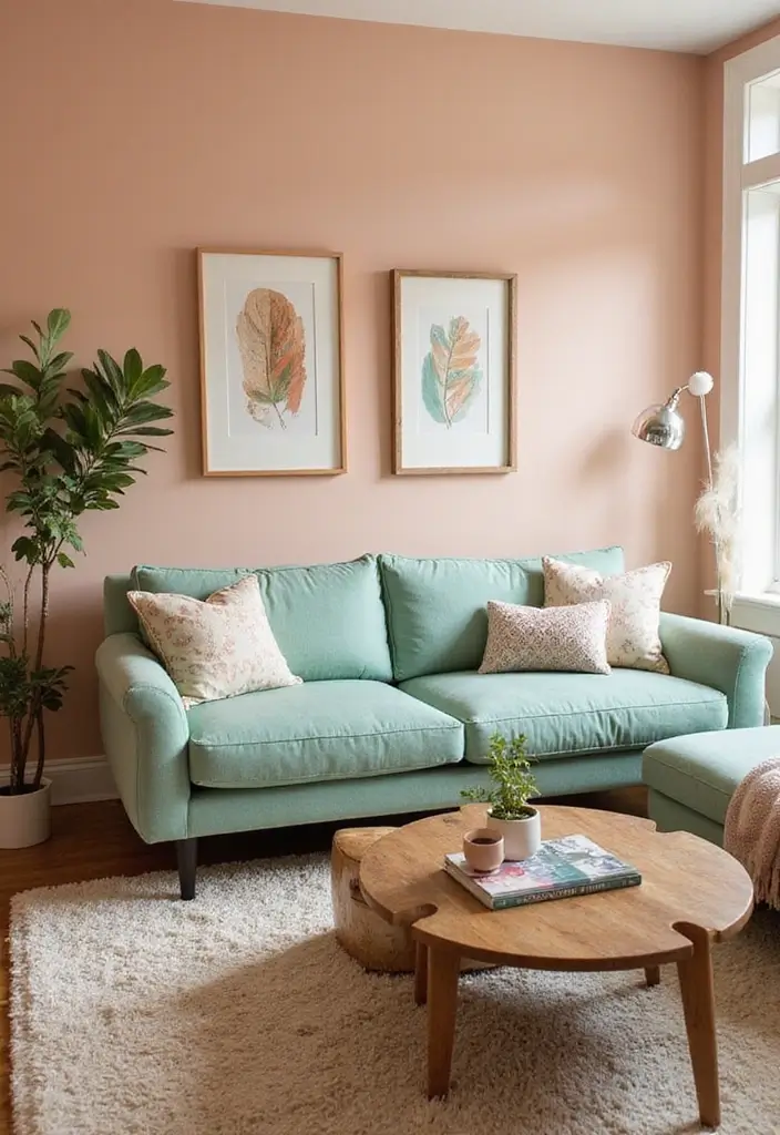 28 Living Room Color Scheme Ideas: Cozy and Inviting Styles - 13. Soft Peach and Mint