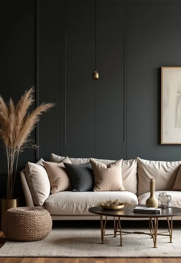 28 Living Room Color Scheme Ideas: Cozy and Inviting Styles - 14. Muted Gold and Deep Charcoal