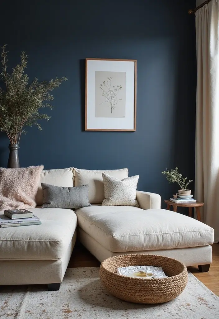28 Living Room Color Scheme Ideas: Cozy and Inviting Styles - 16. Deep Indigo and Soft Cream