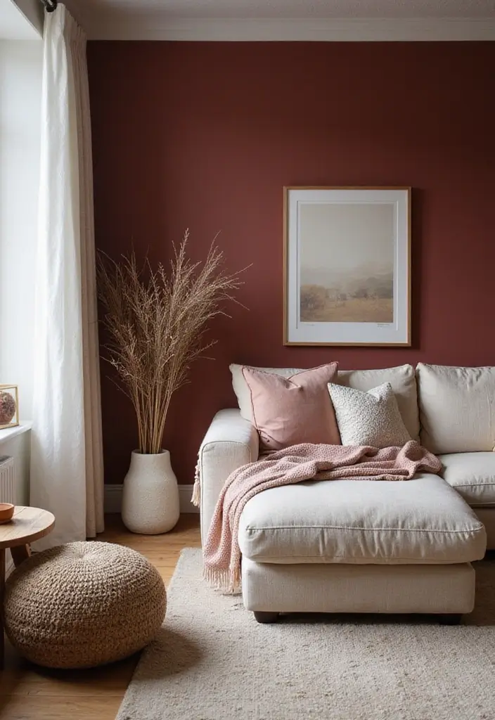 28 Living Room Color Scheme Ideas: Cozy and Inviting Styles - 19. Rich Burgundy with Soft Neutrals