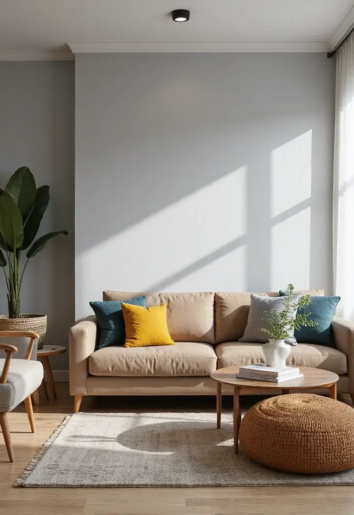 28 Living Room Color Scheme Ideas: Cozy and Inviting Styles - 22. Soft Grays with Bold Accent Colors