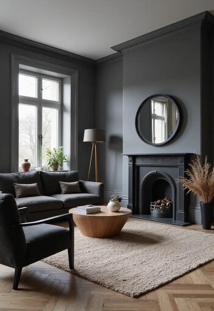 28 Living Room Color Scheme Ideas: Cozy and Inviting Styles - 26. Classic Gray with Bold Black