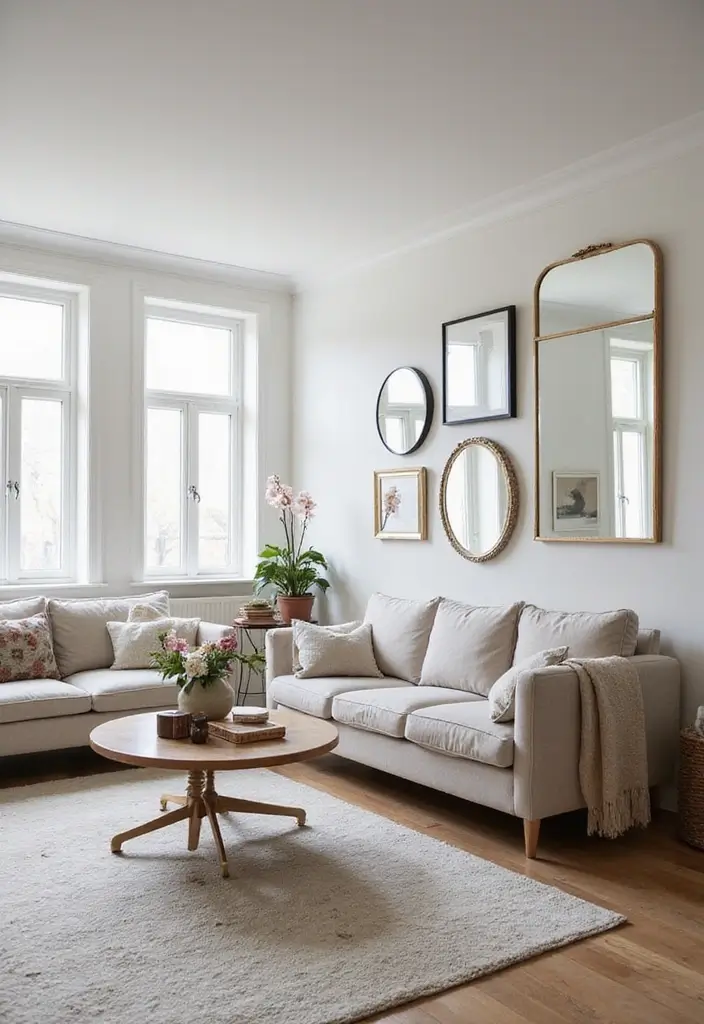 28 Living Room Large Space Ideas That Feel Open and Inviting - 12. Use Mirrors to Expand Space