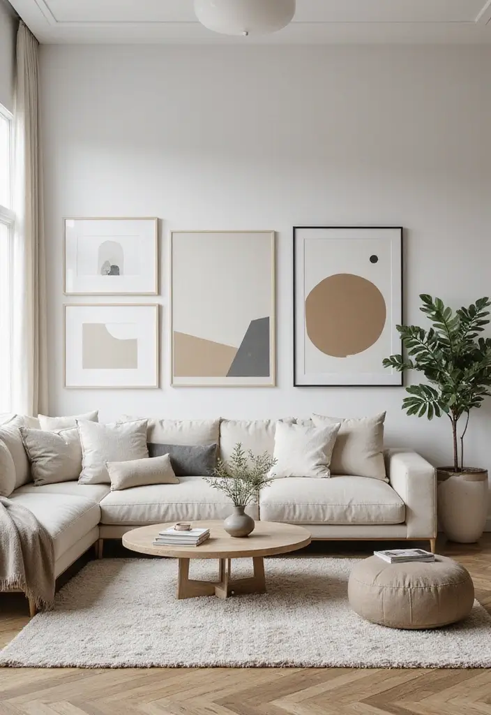 28 Living Room Large Space Ideas That Feel Open and Inviting - 16. Opt for Minimalist Artwork