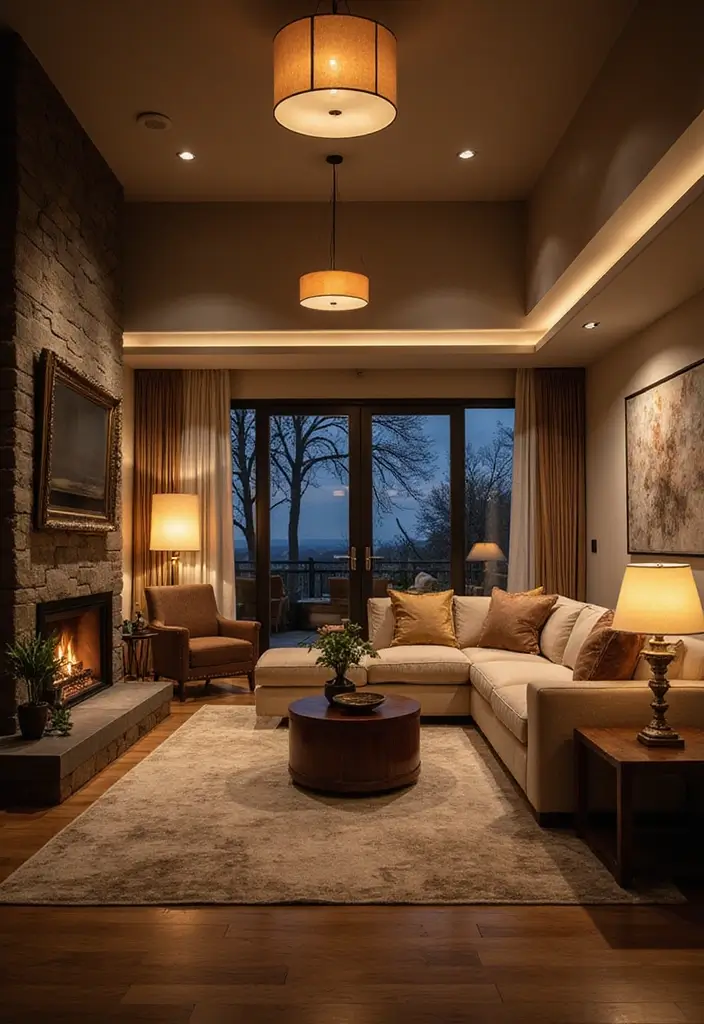 28 Living Room Large Space Ideas That Feel Open and Inviting - 22. Layer Different Lighting Sources