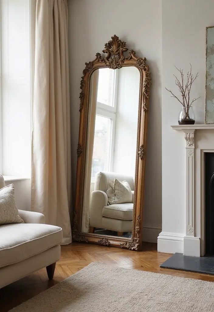 28 Living Room Mirror Ideas That Add Depth and Light - 10. Vintage Floor Mirrors