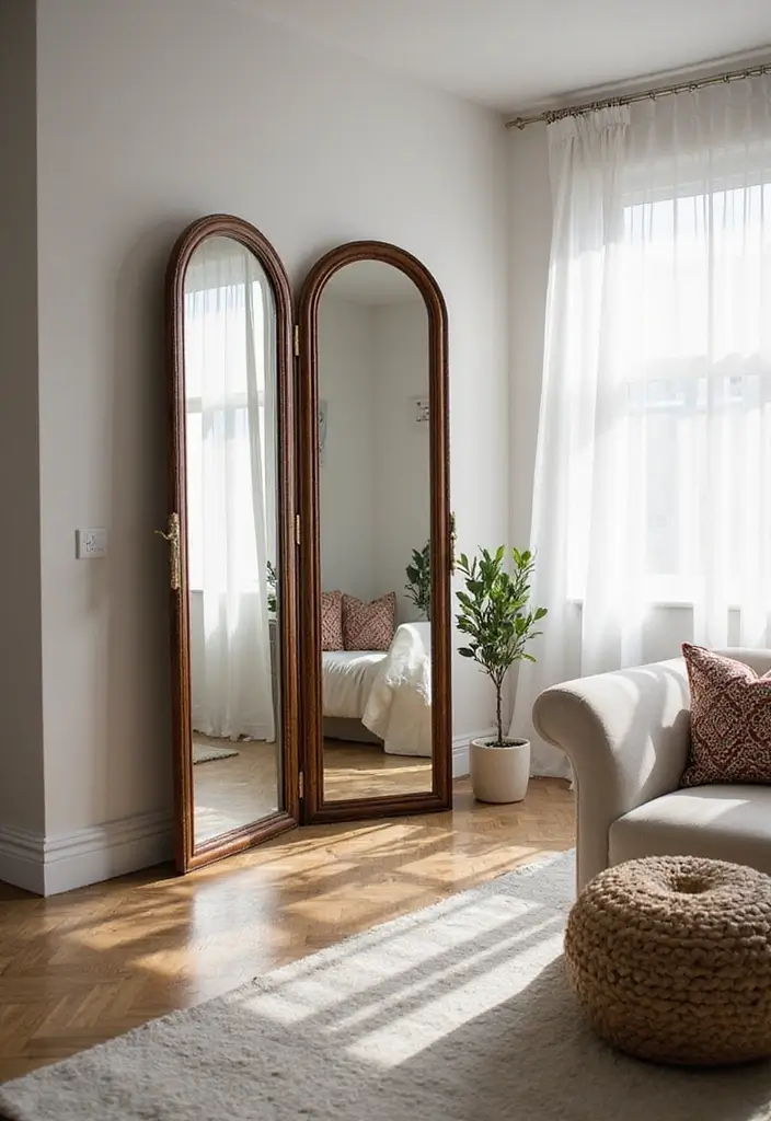 28 Living Room Mirror Ideas That Add Depth and Light - 13. Decorative Mirrored Screens