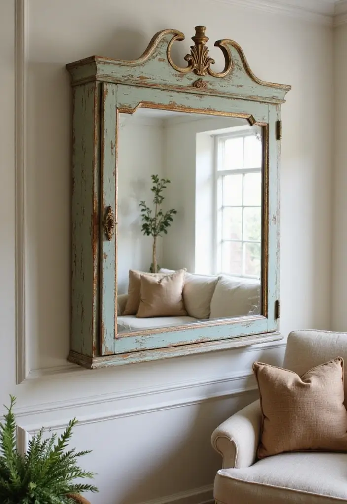28 Living Room Mirror Ideas That Add Depth and Light - 14. Vintage Medicine Cabinets as Mirrors