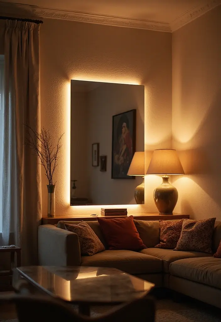 28 Living Room Mirror Ideas That Add Depth and Light - 15. Mirrors with Backlighting