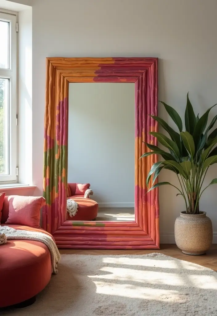 28 Living Room Mirror Ideas That Add Depth and Light - 16. Mirrors with Colorful Frames