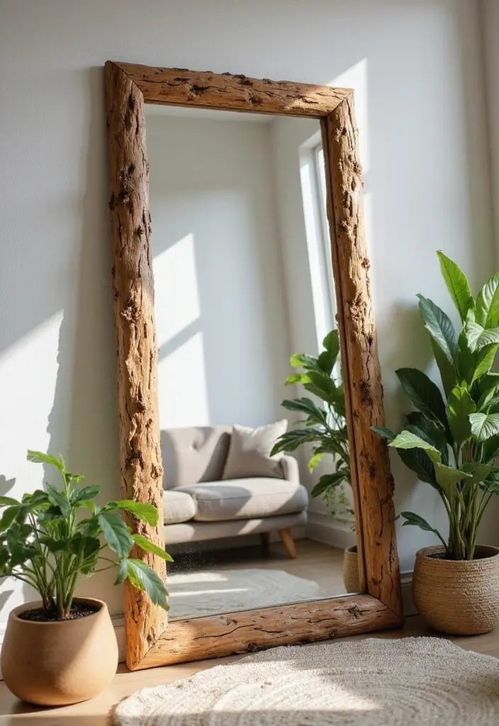 28 Living Room Mirror Ideas That Add Depth and Light - 20. Mirrors Framed with Natural Elements