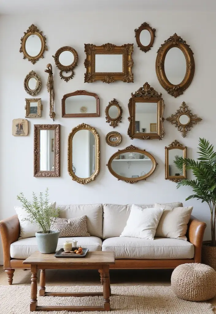 28 Living Room Mirror Ideas That Add Depth and Light - 21. Vintage Collage Mirrors