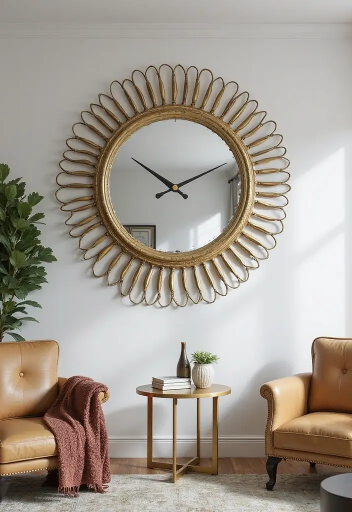28 Living Room Mirror Ideas That Add Depth and Light - 23. Mirror Clocks