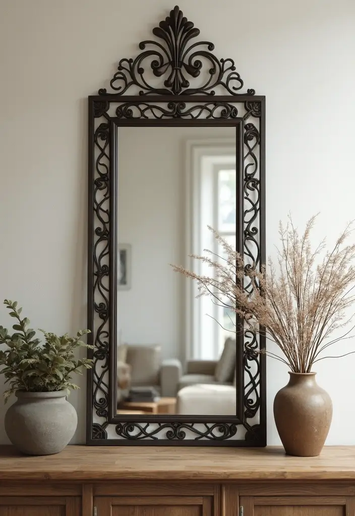 28 Living Room Mirror Ideas That Add Depth and Light - 26. Vintage Iron Mirrors