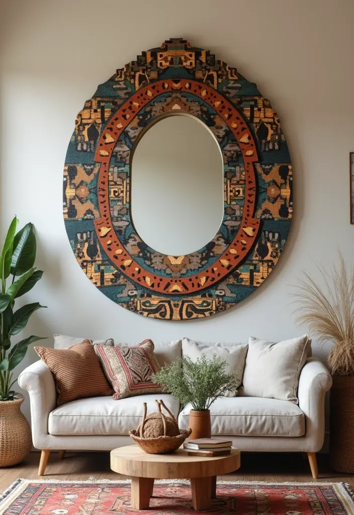 28 Living Room Mirror Ideas That Add Depth and Light - 27. Mirrors with Native Patterns
