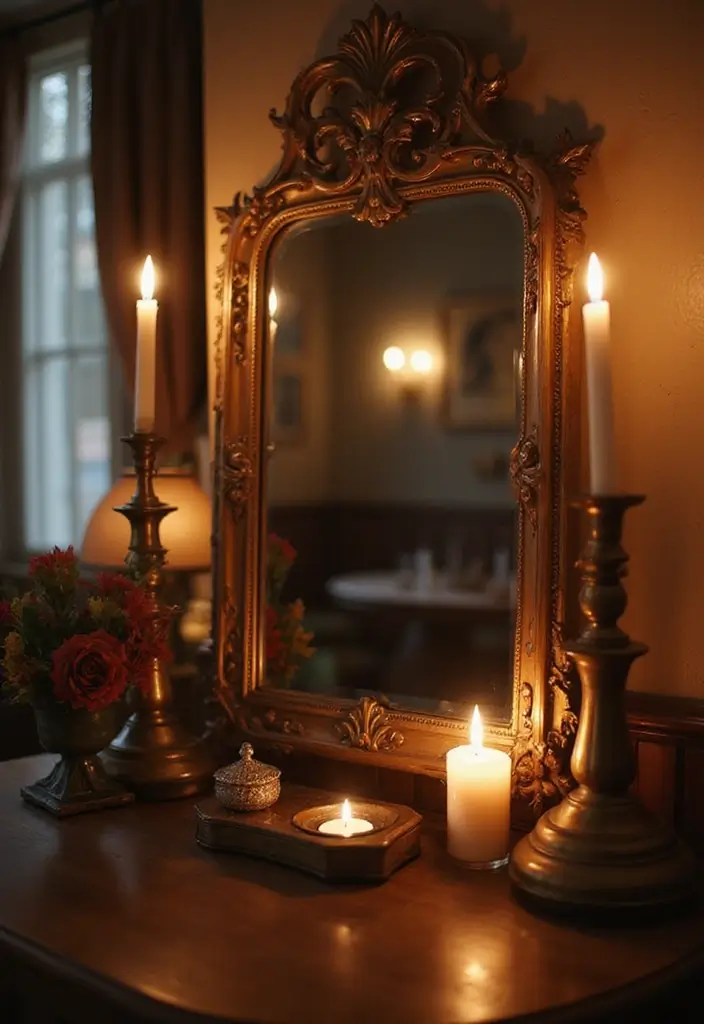 28 Living Room Mirror Ideas That Add Depth and Light - 28. Vintage Candle Mirror