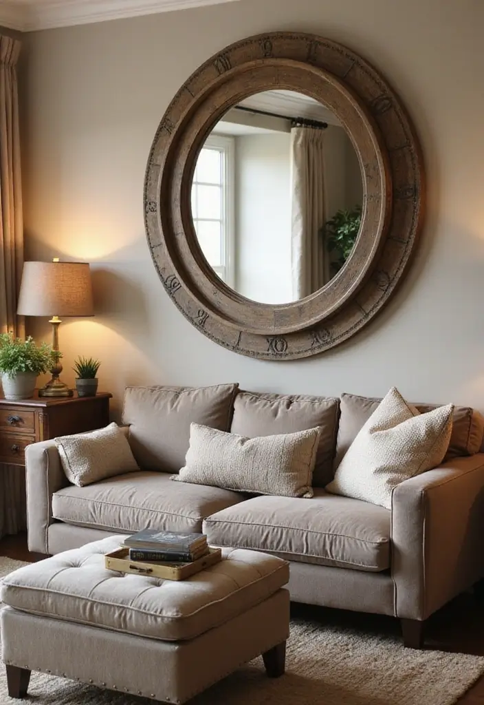 28 Living Room Mirror Ideas That Add Depth and Light - 3. Oversized Round Mirrors
