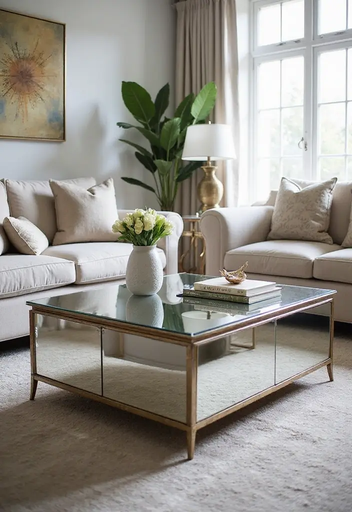 28 Living Room Mirror Ideas That Add Depth and Light - 4. Mirrored Furniture