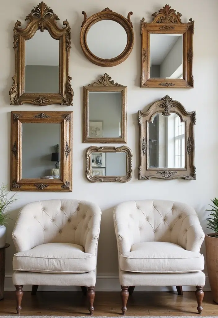 28 Living Room Mirror Ideas That Add Depth and Light - 5. Vintage Wall Mirrors with Distressed Finishes