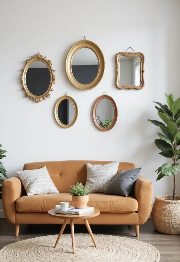 28 Living Room Mirror Ideas That Add Depth and Light - 6. Wall-Mounted Mirrors in Unique Shapes