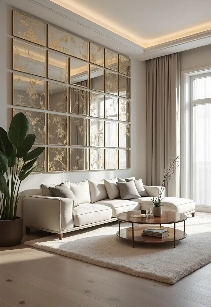 28 Living Room Mirror Ideas That Add Depth and Light - 8. Decorative Mirror Tiles