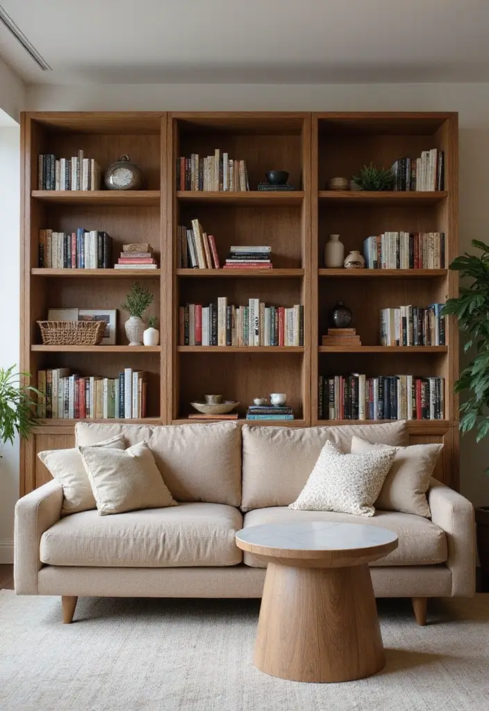 28 Living Room Partition Design Woods That Feel Natural and Elegant - 10. Wooden Bookshelf Divider