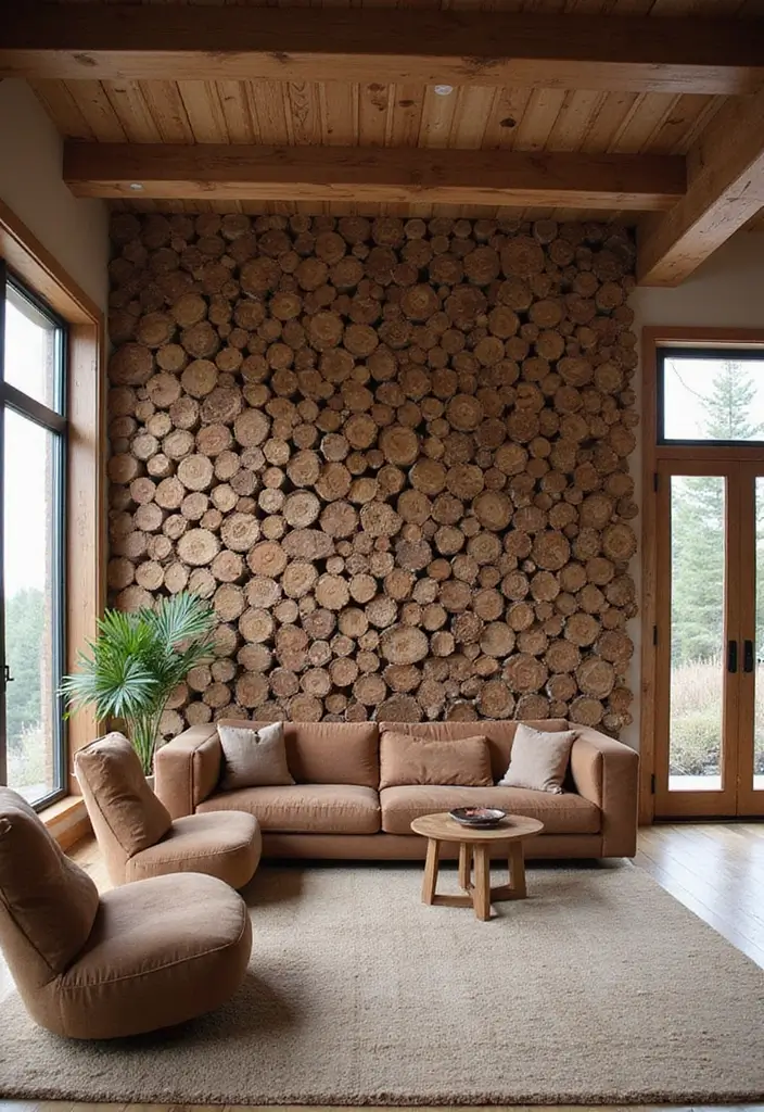 28 Living Room Partition Design Woods That Feel Natural and Elegant - 11. Stacked Wood Log Divider