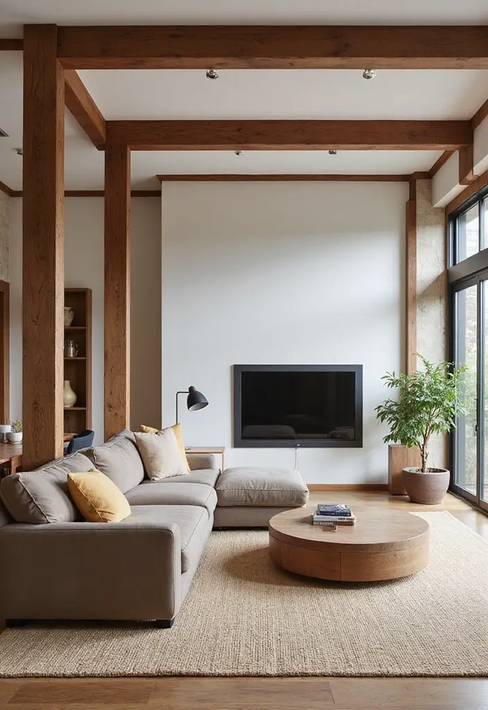 28 Living Room Partition Design Woods That Feel Natural and Elegant - 12. Wood Beam Dividers