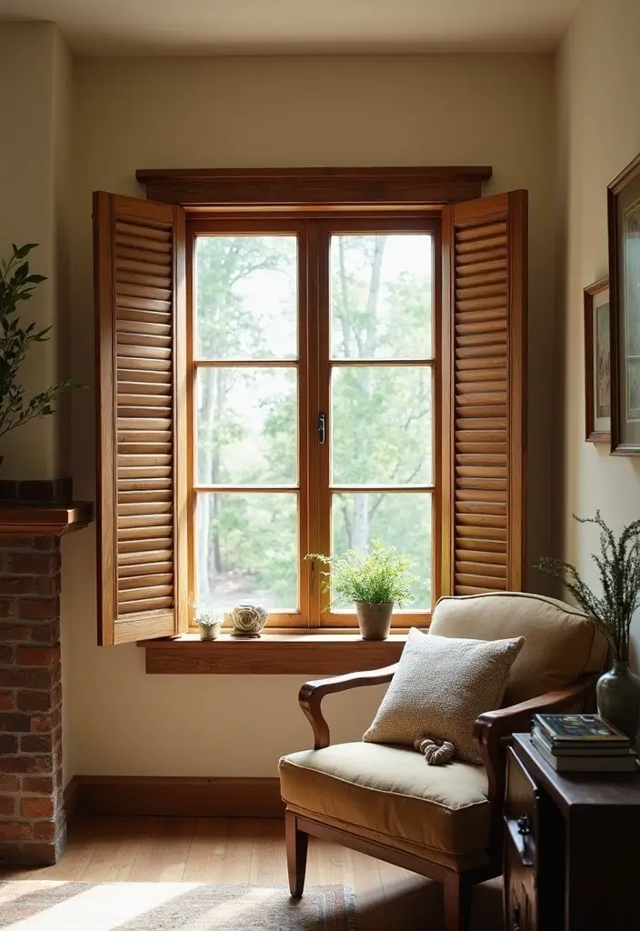 28 Living Room Partition Design Woods That Feel Natural and Elegant - 14. Rustic Wood Shutters