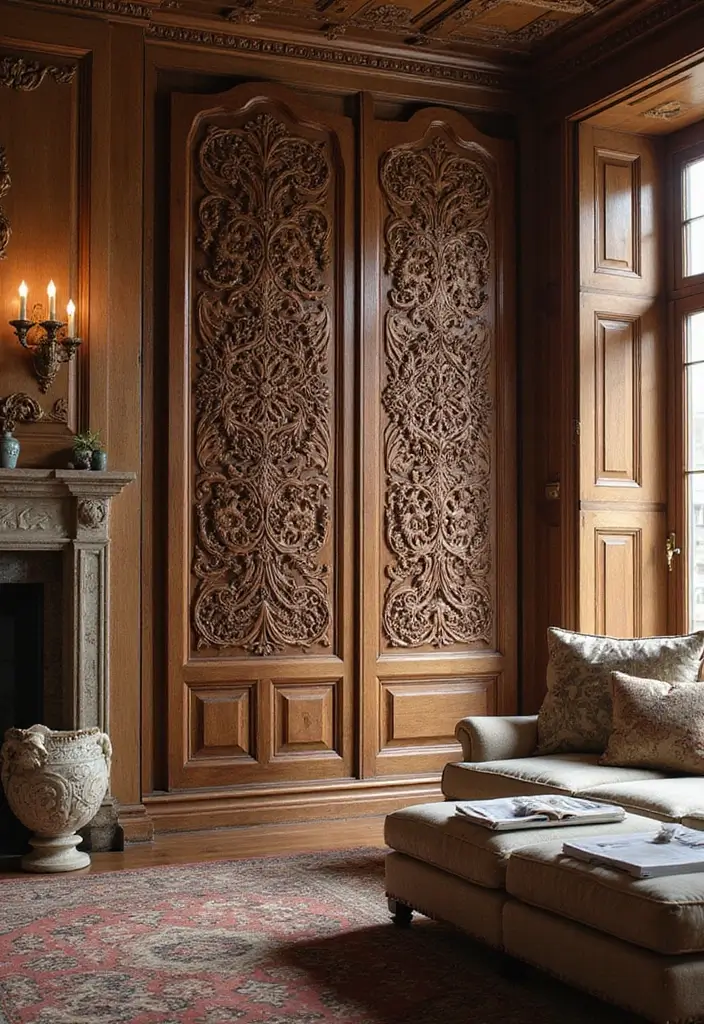 28 Living Room Partition Design Woods That Feel Natural and Elegant - 17. Decorative Carved Wood Screens