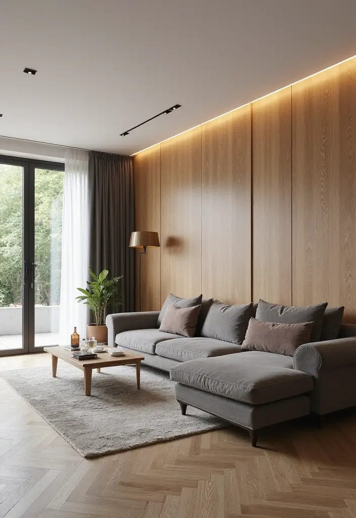 28 Living Room Partition Design Woods That Feel Natural and Elegant - 20. Wall-Mounted Wooden Panels