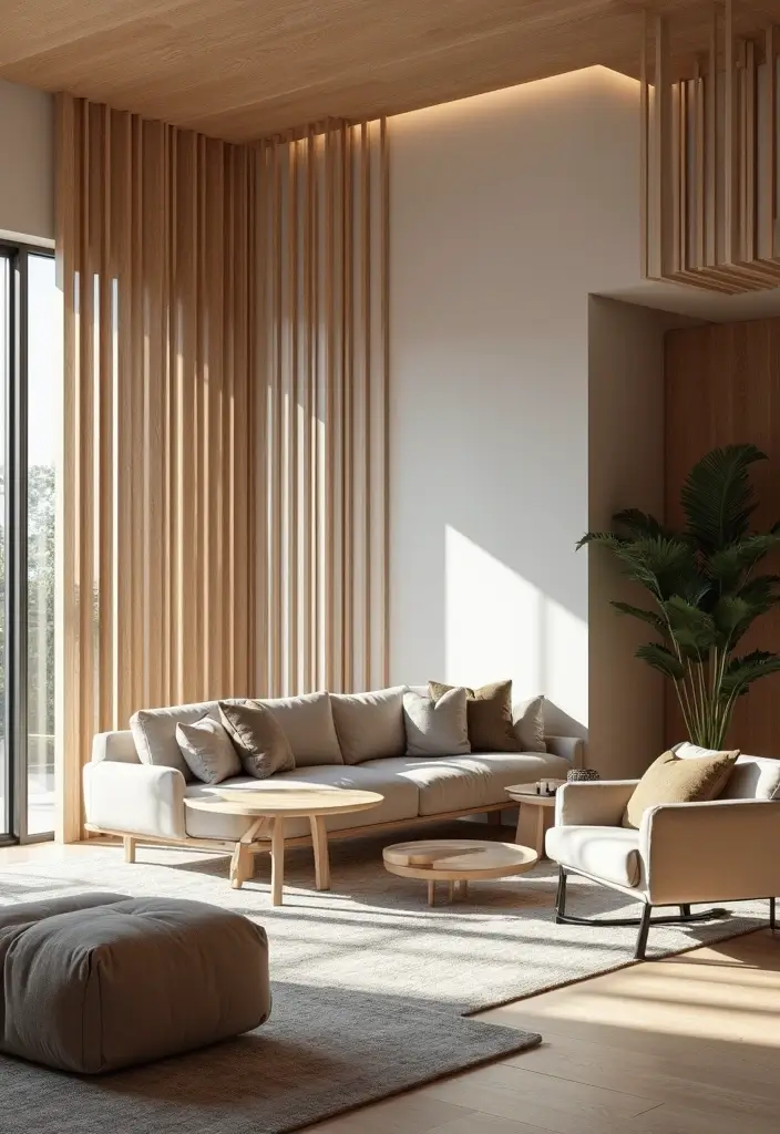 28 Living Room Partition Design Woods That Feel Natural and Elegant - 21. Floating Wooden Dividers