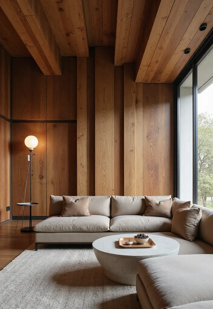 28 Living Room Partition Design Woods That Feel Natural and Elegant - 22. Layered Wood Panels