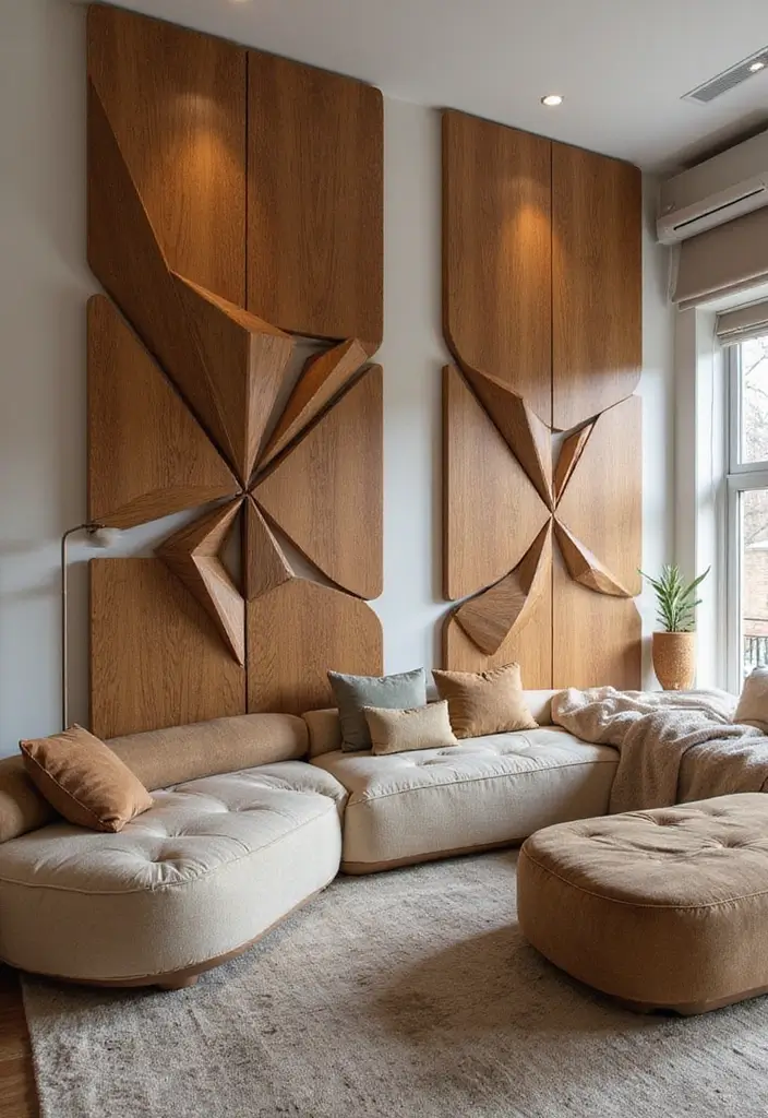 28 Living Room Partition Design Woods That Feel Natural and Elegant - 24. Geometric Wood Dividers
