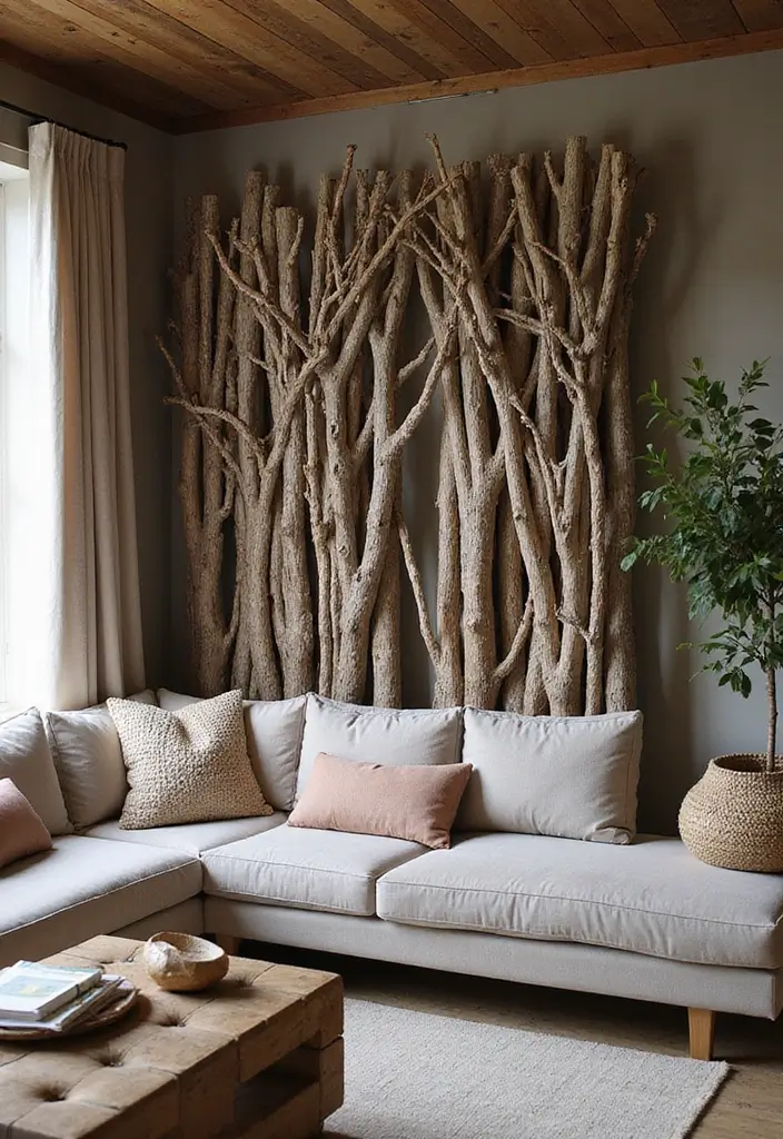 28 Living Room Partition Design Woods That Feel Natural and Elegant - 27. Branchwood Dividers