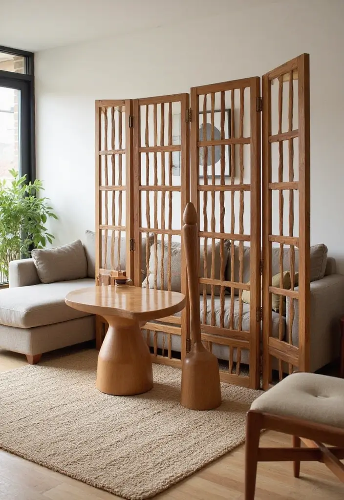 28 Living Room Partition Design Woods That Feel Natural and Elegant - 28. Multipurpose Wood Dividers