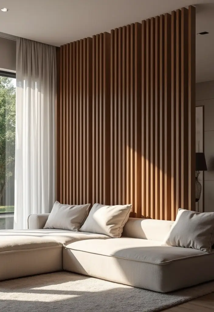 28 Living Room Partition Design Woods That Feel Natural and Elegant - 3. Vertical Slatted Wood Partition