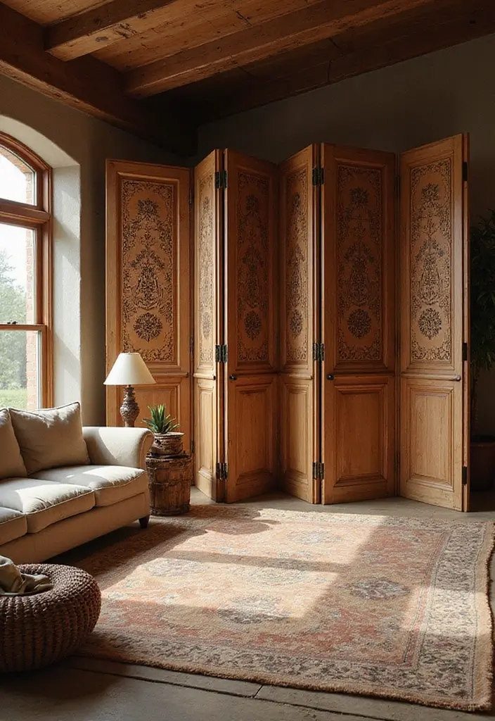 28 Living Room Partition Design Woods That Feel Natural and Elegant - 7. Folding Wooden Screens