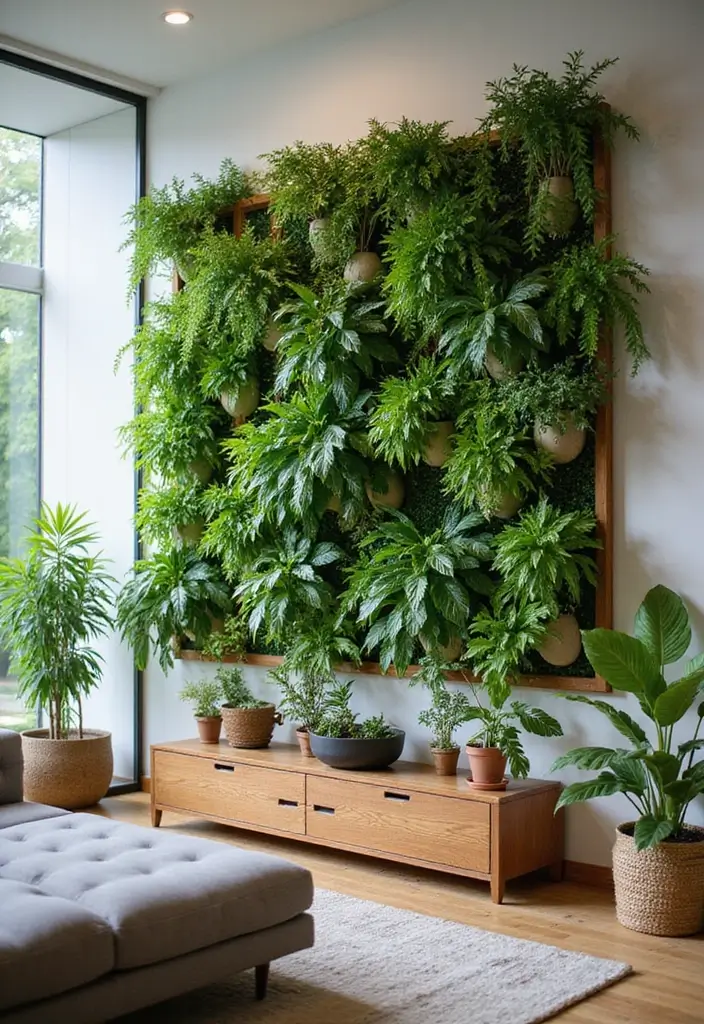 28 Living Room Partition Ideas That Define Space Beautifully - 1. Vertical Gardens as Natural Screens