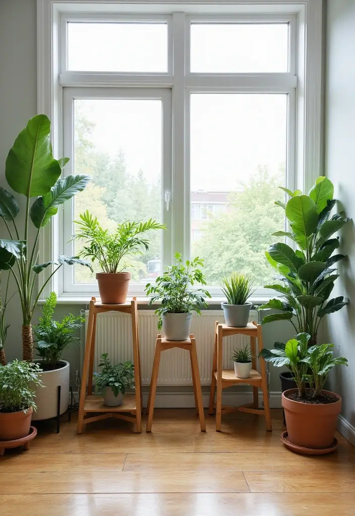 28 Living Room Partition Ideas That Define Space Beautifully - 11. Plant Stands as Dividers