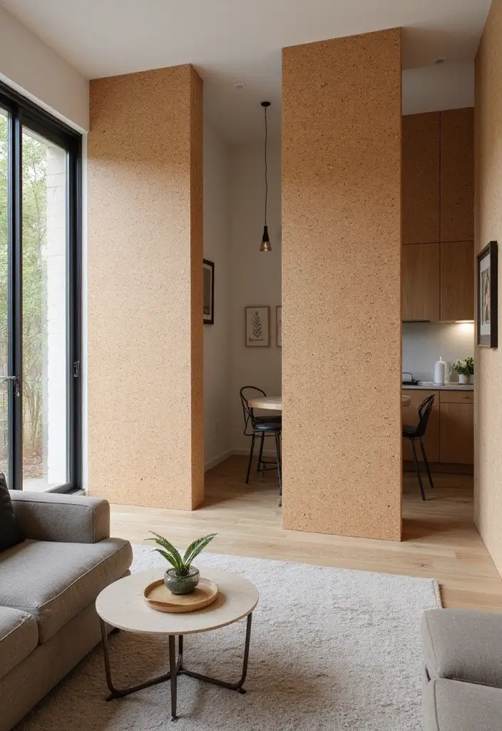 28 Living Room Partition Ideas That Define Space Beautifully - 15. Eco-Friendly Cork Dividers