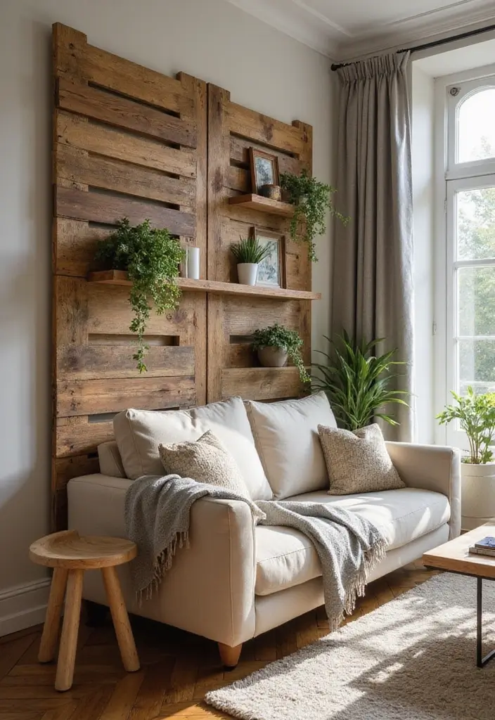 28 Living Room Partition Ideas That Define Space Beautifully - 2. Recycled Wood Pallet Dividers