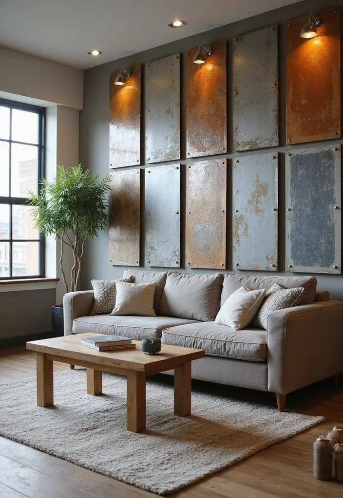 28 Living Room Partition Ideas That Define Space Beautifully - 22. Recycled Metal Panels