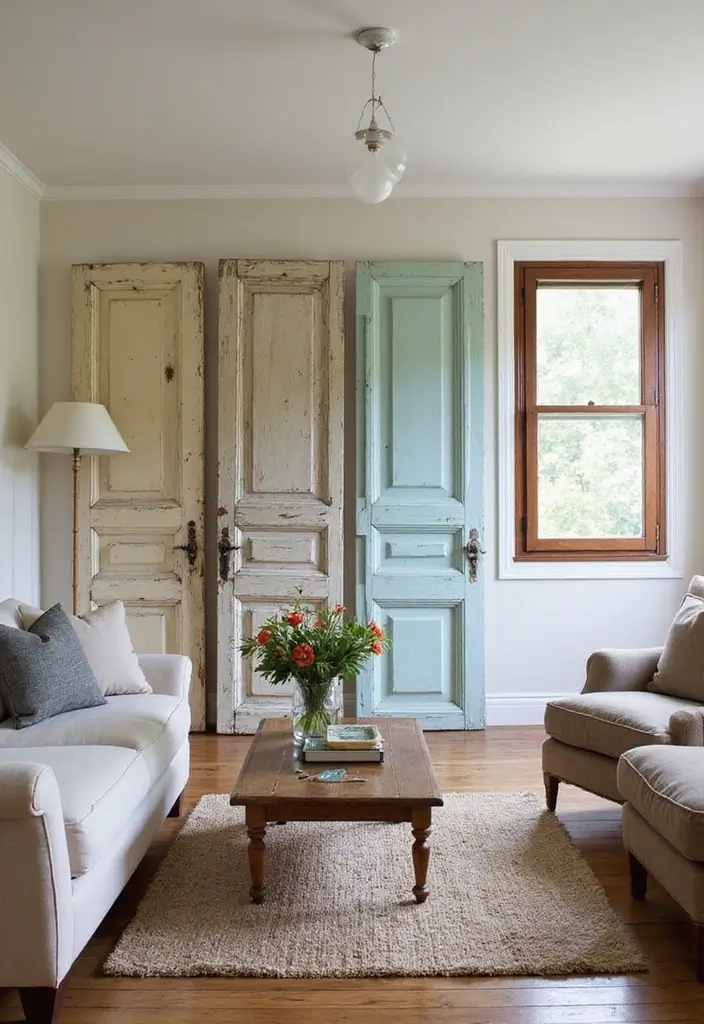 28 Living Room Partition Ideas That Define Space Beautifully - 25. Upcycled Door Dividers